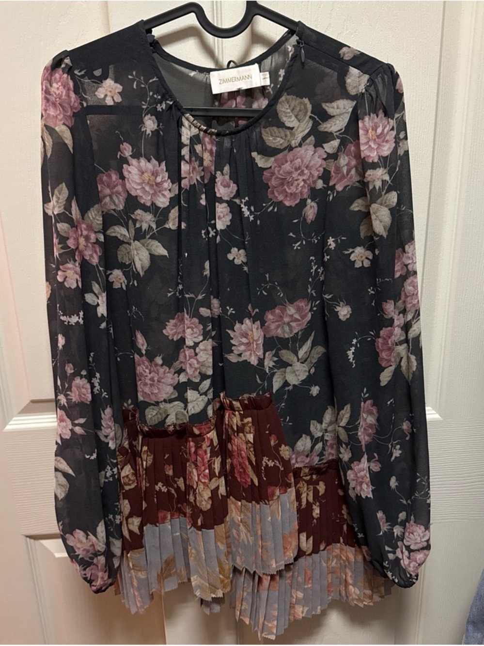 Zimmermann Black Floral Pleated Long-Sleeve Top with Pink and Cream Blooms